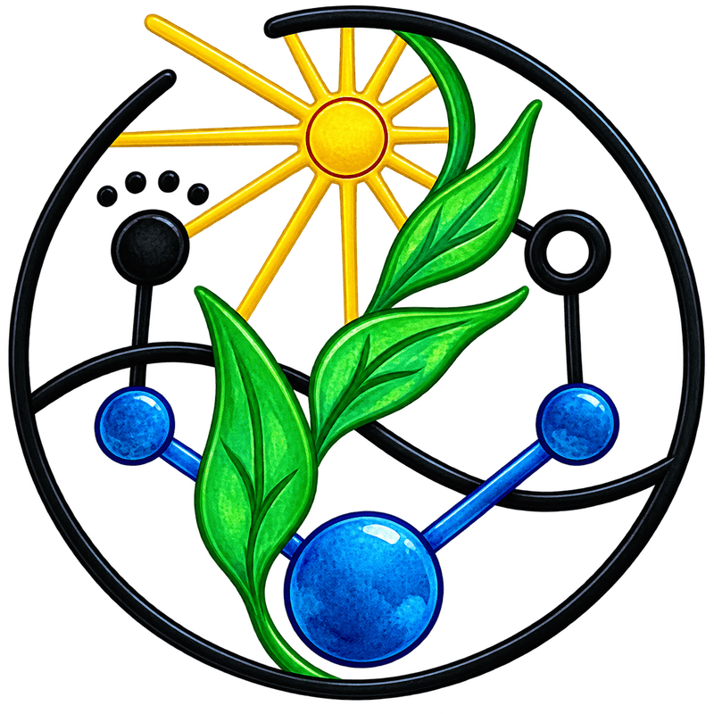 ÖKO-System Logo: Sonne, Blatt und Wassermolekül im Kreis
